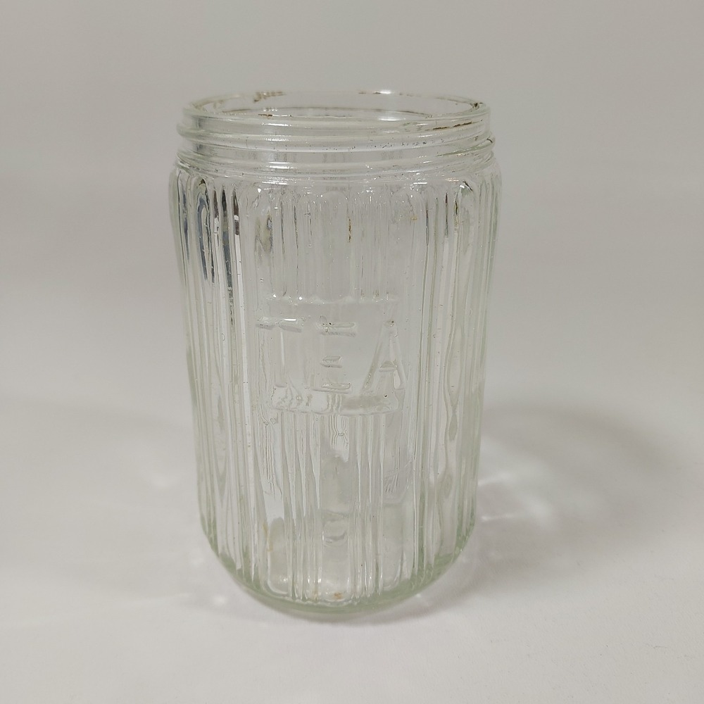 Antique HOOSIER STYLE CABINET Clear‎ Glass Tea Jar Canister Ribbed Lid 5" Read
